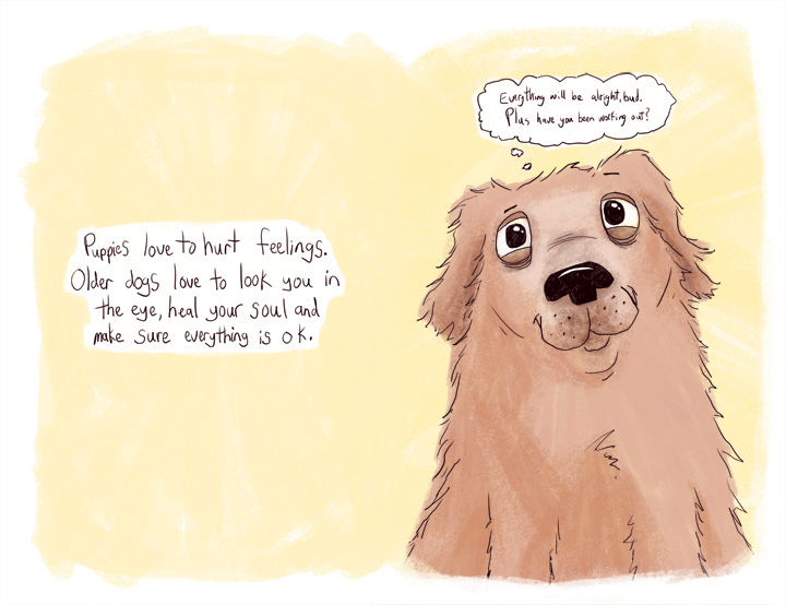 An illustration of a dog thinking.